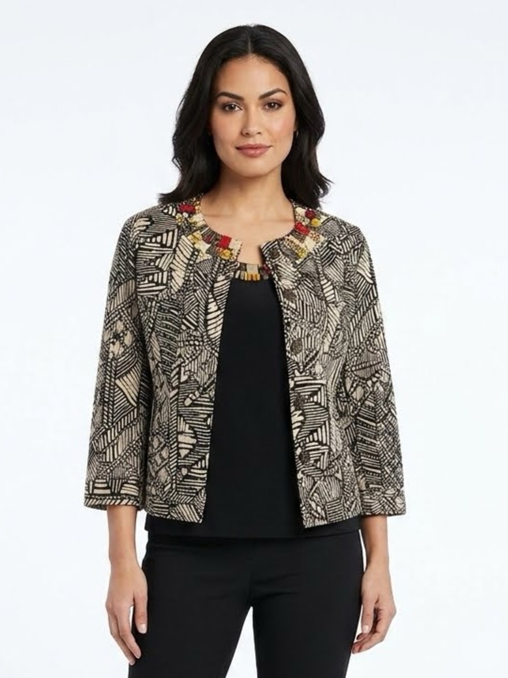 RUBY RD. 2p Set Tribal Embellished Black Tan Jacket 12 Top Large L $125 lcsr